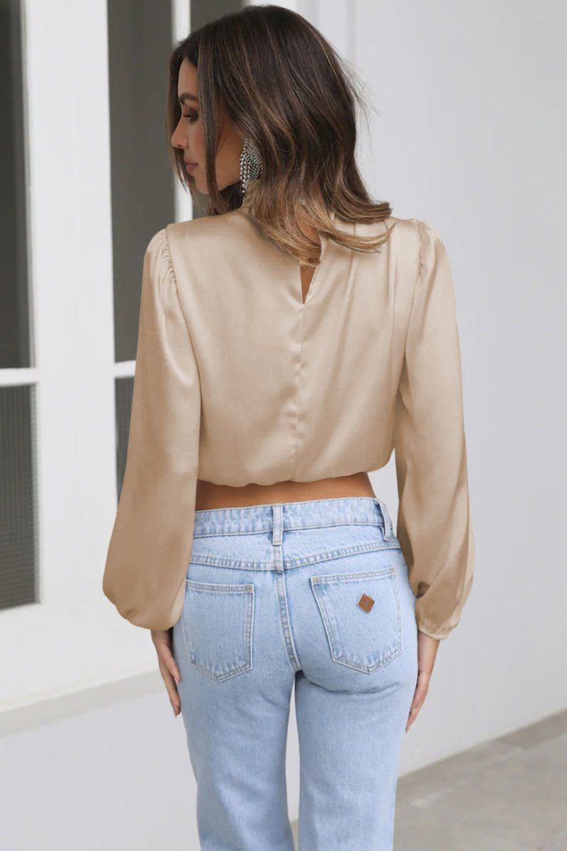 WOMEN HIGH NECK LONG SLEEVE CROP BLOUSE