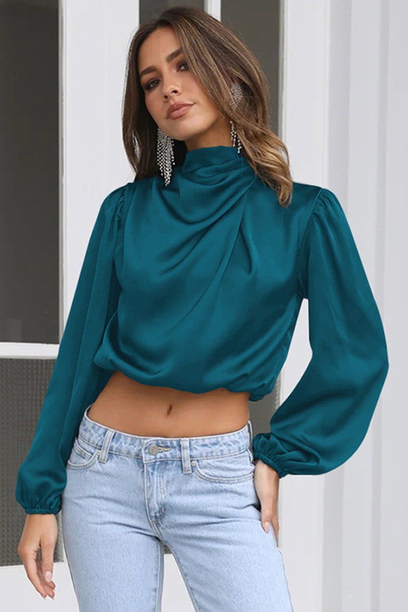 WOMEN HIGH NECK LONG SLEEVE CROP BLOUSE