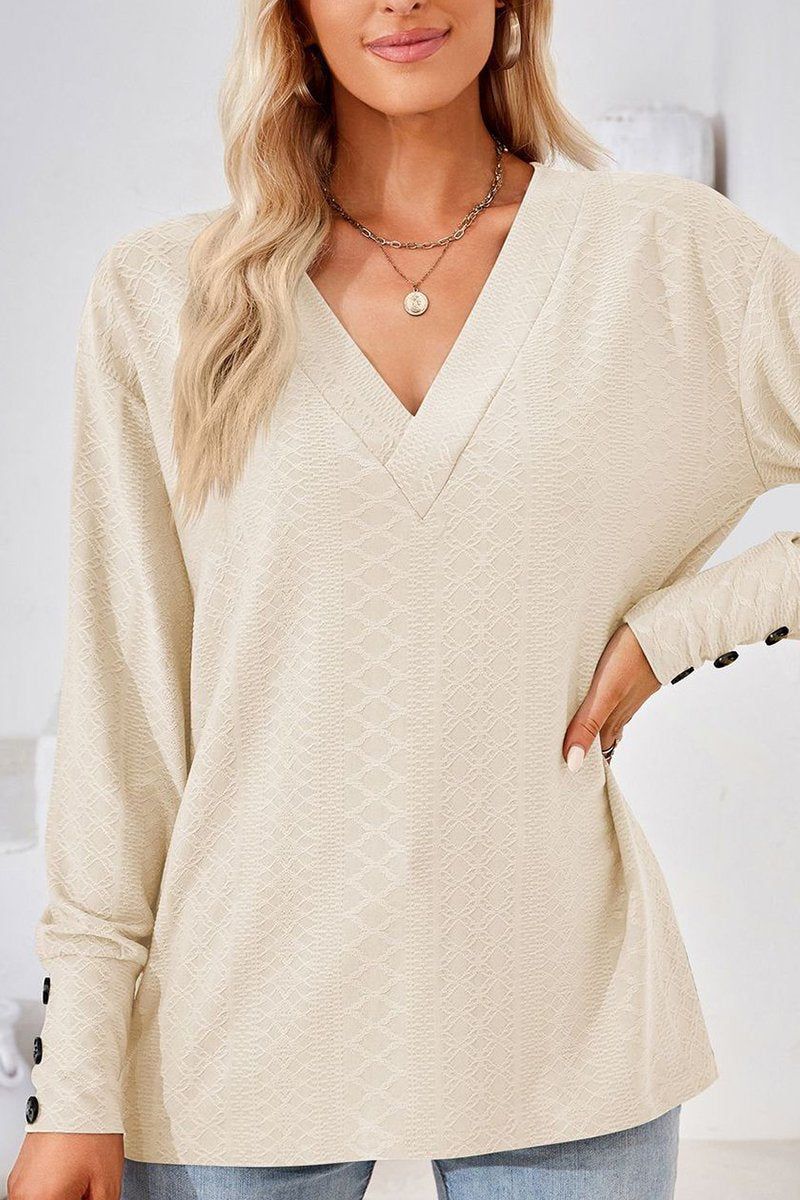 WOMEN V NECK BUTTONED CUFF LOOSE FIT BLOUSE