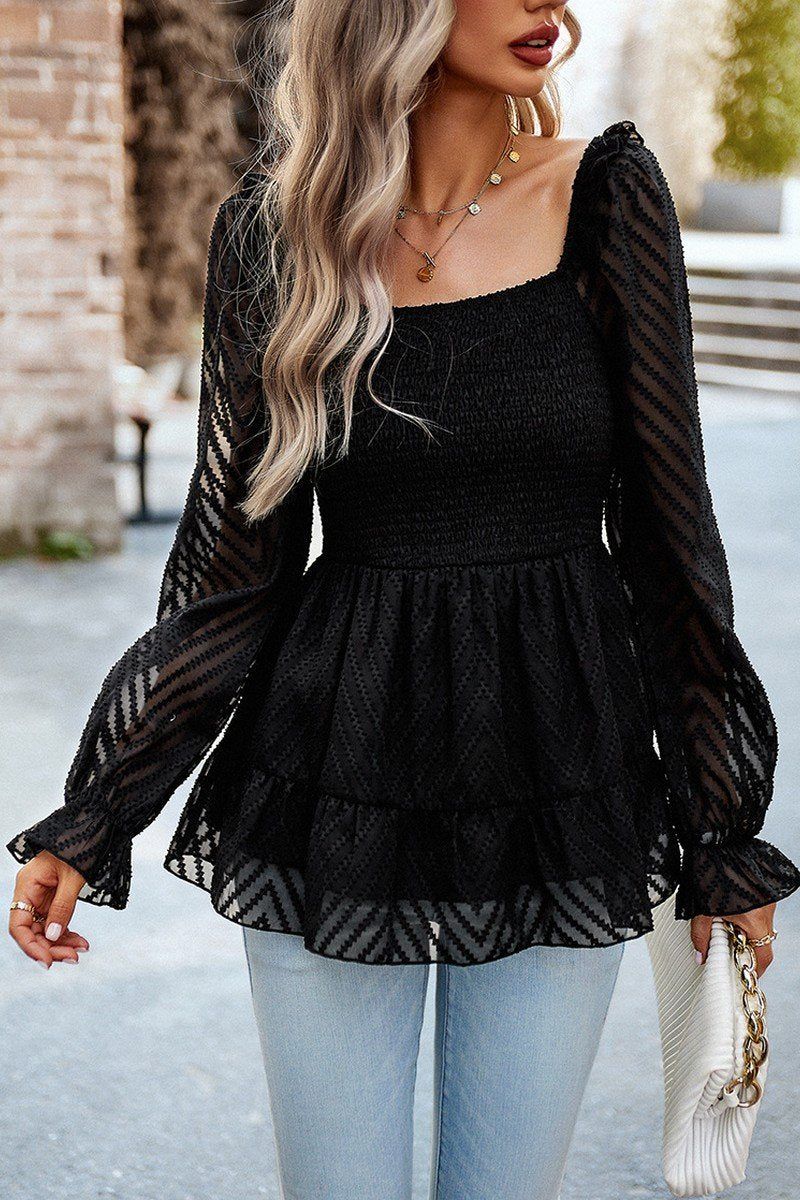 SMOCKED U NECK FRILL ANGEL SLEEVE LACE TUNIC