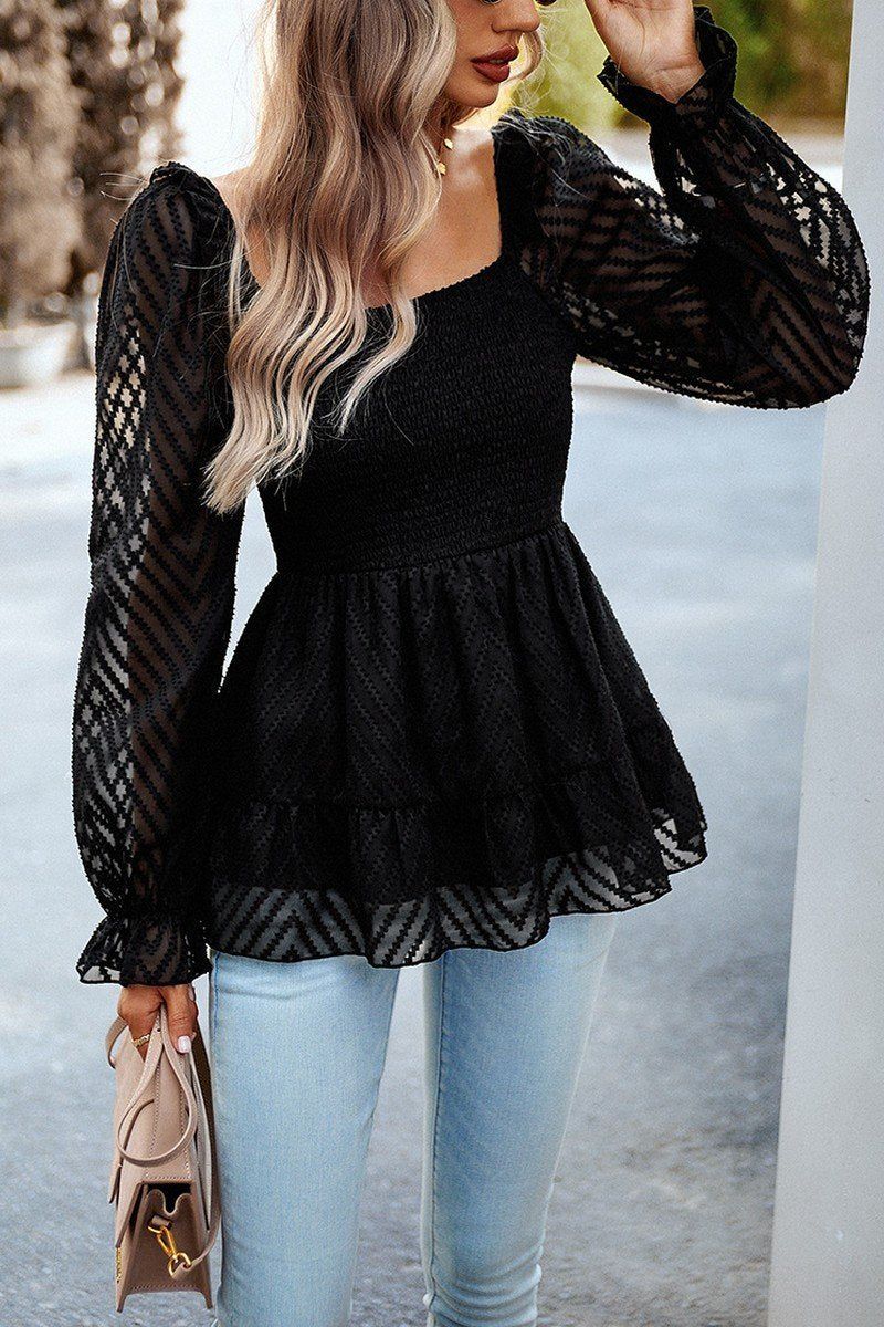 SMOCKED U NECK FRILL ANGEL SLEEVE LACE TUNIC