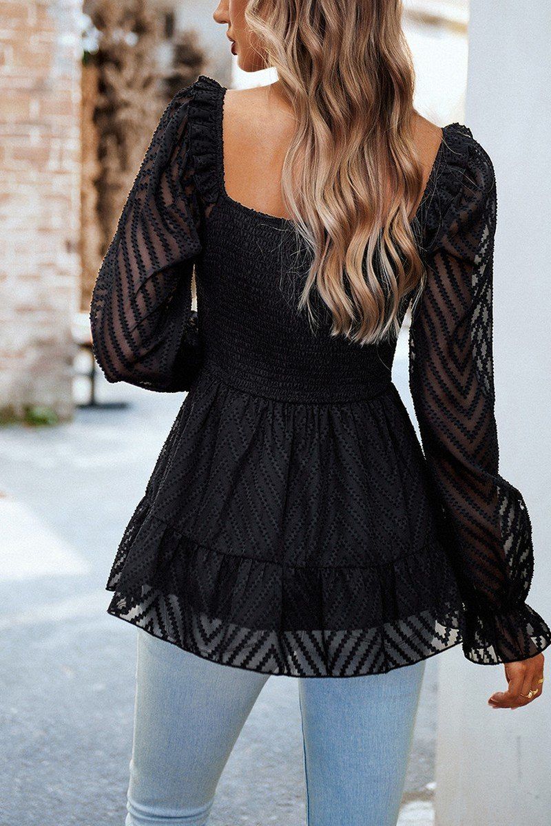 SMOCKED U NECK FRILL ANGEL SLEEVE LACE TUNIC