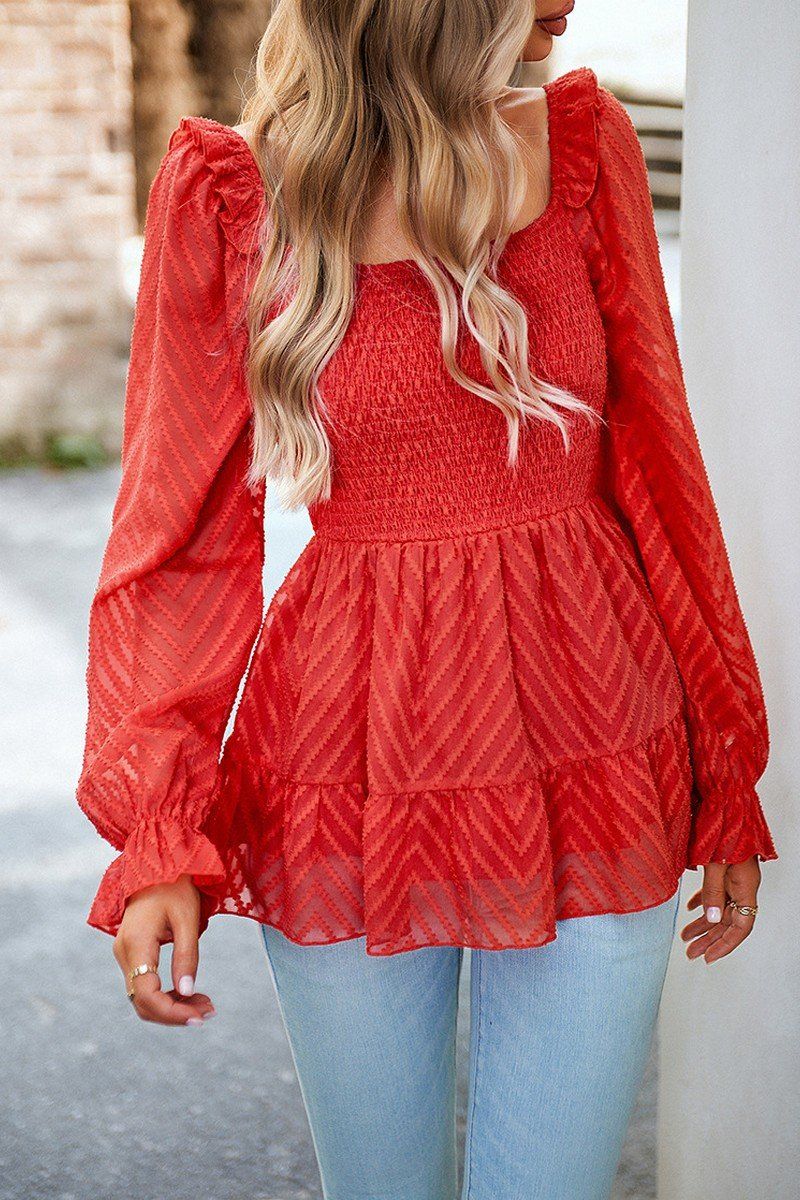 SMOCKED U NECK FRILL ANGEL SLEEVE LACE TUNIC