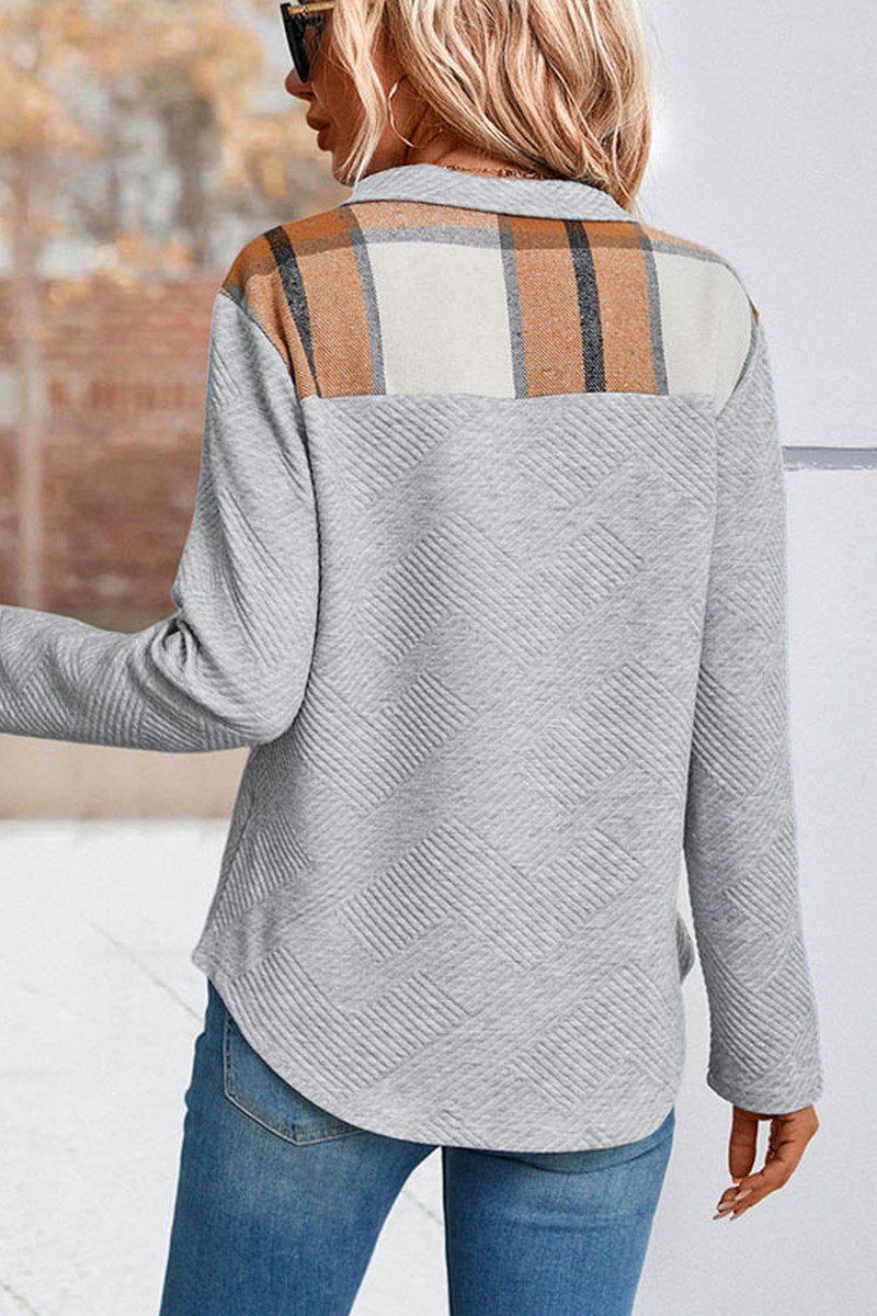 WOMEN BUTTONED HIGH NECK PLAID BLOCK PULLOVER TOP