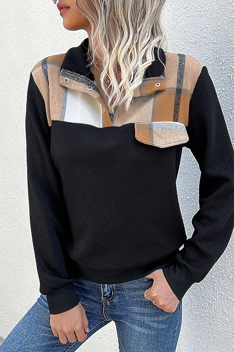 WOMEN BUTTON HIGH NECK PATCHWORK KNITTED PULLOVER