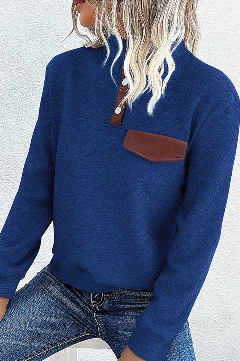 WOMEN BUTTONED HIGH NECK QUILTED KNIT PULLOVER