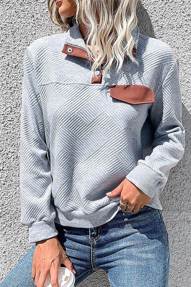 WOMEN BUTTONED HIGH NECK QUILTED KNIT PULLOVER