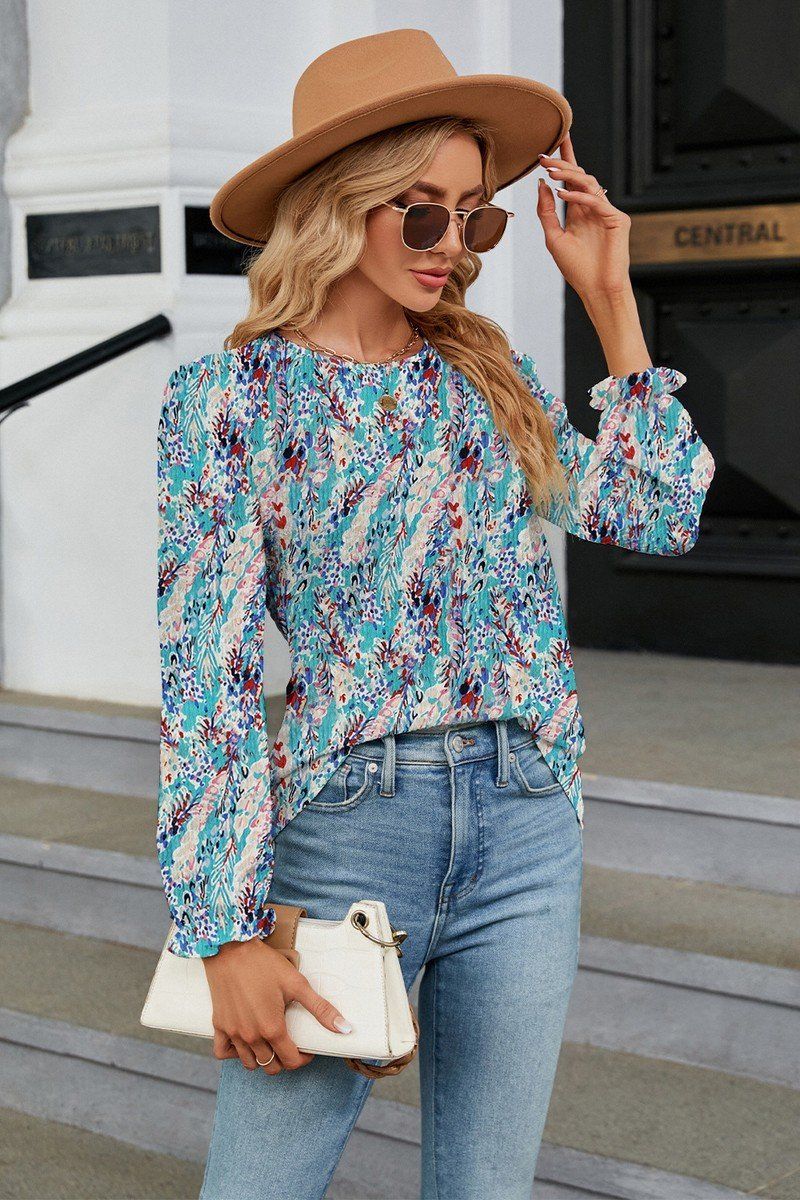 WOMEN FLORAL RUFFLE SLEEVE ROUND NECK FALL BLOUSE