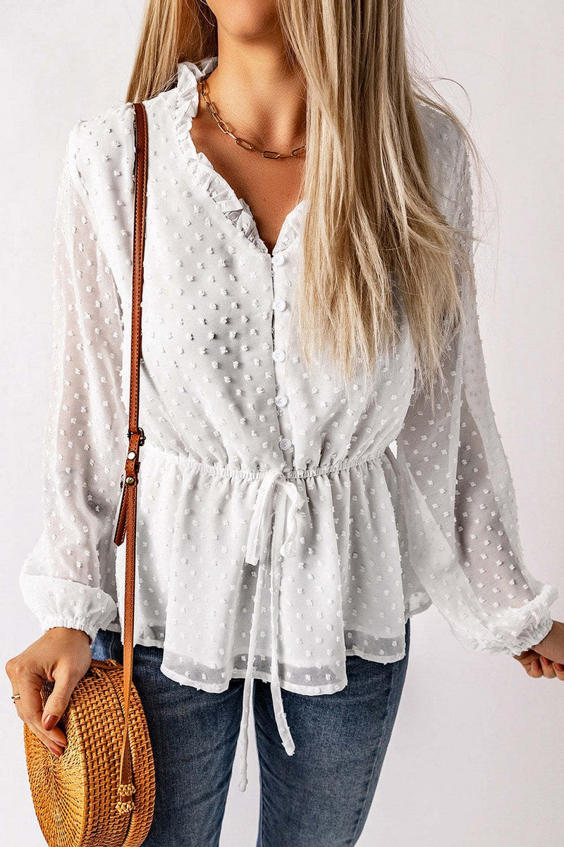 WOMEN CHIFFON SWISS DOT FLOWY TUNIC BLOUSE