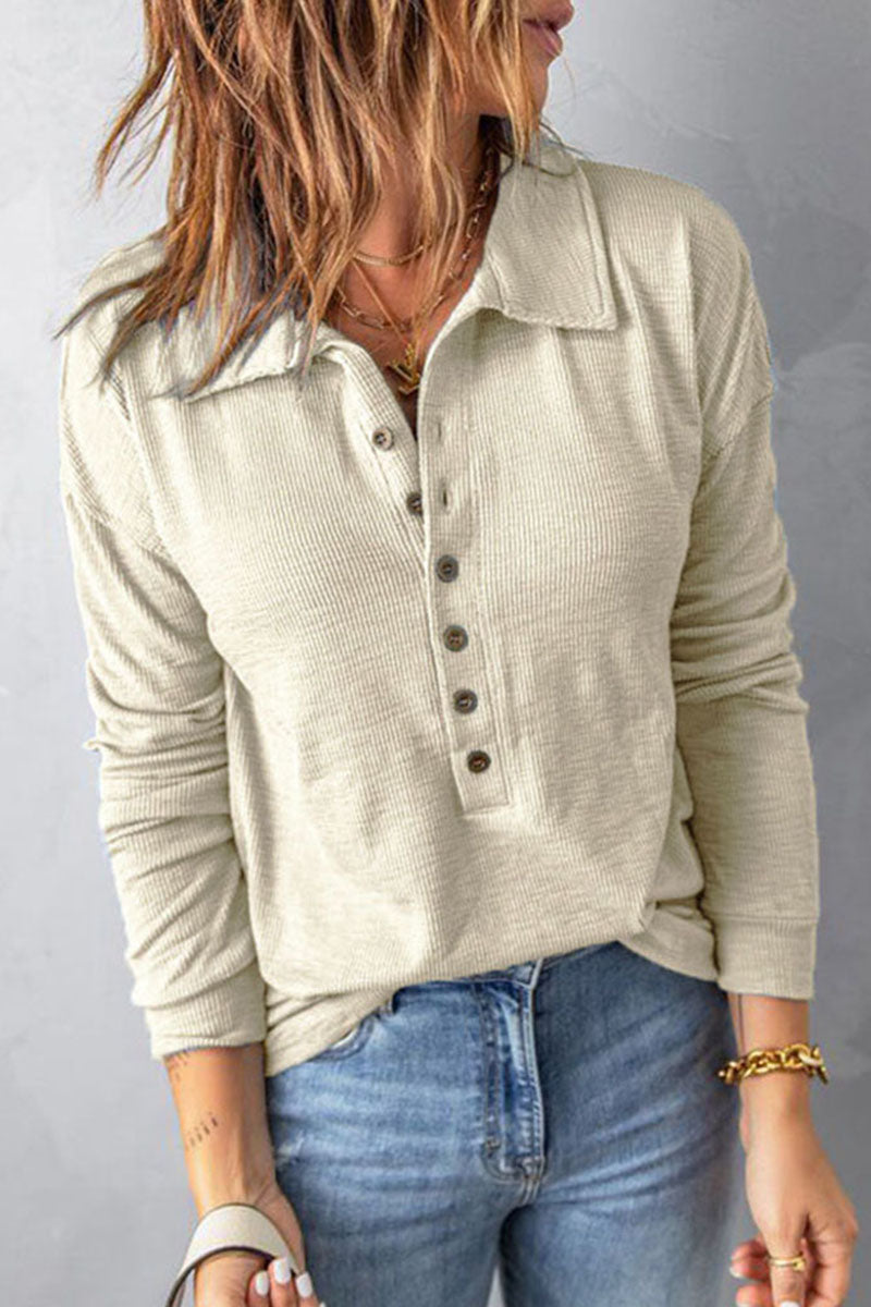 WOMEN HENLEY NECK COLLARED CASUAL LONG SLEEVE TOP