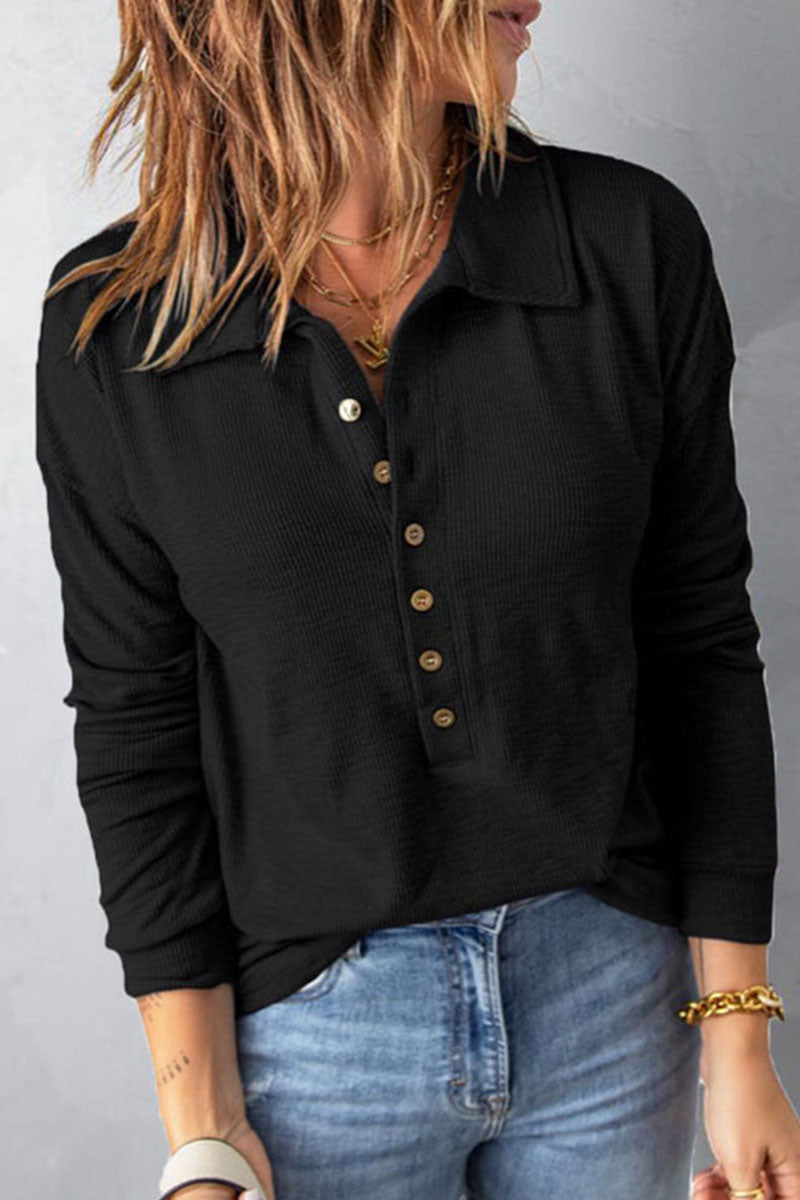 WOMEN HENLEY NECK COLLARED CASUAL LONG SLEEVE TOP