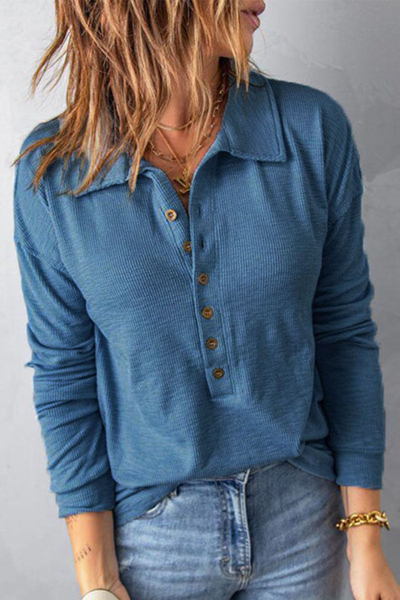 WOMEN HENLEY NECK COLLARED CASUAL LONG SLEEVE TOP