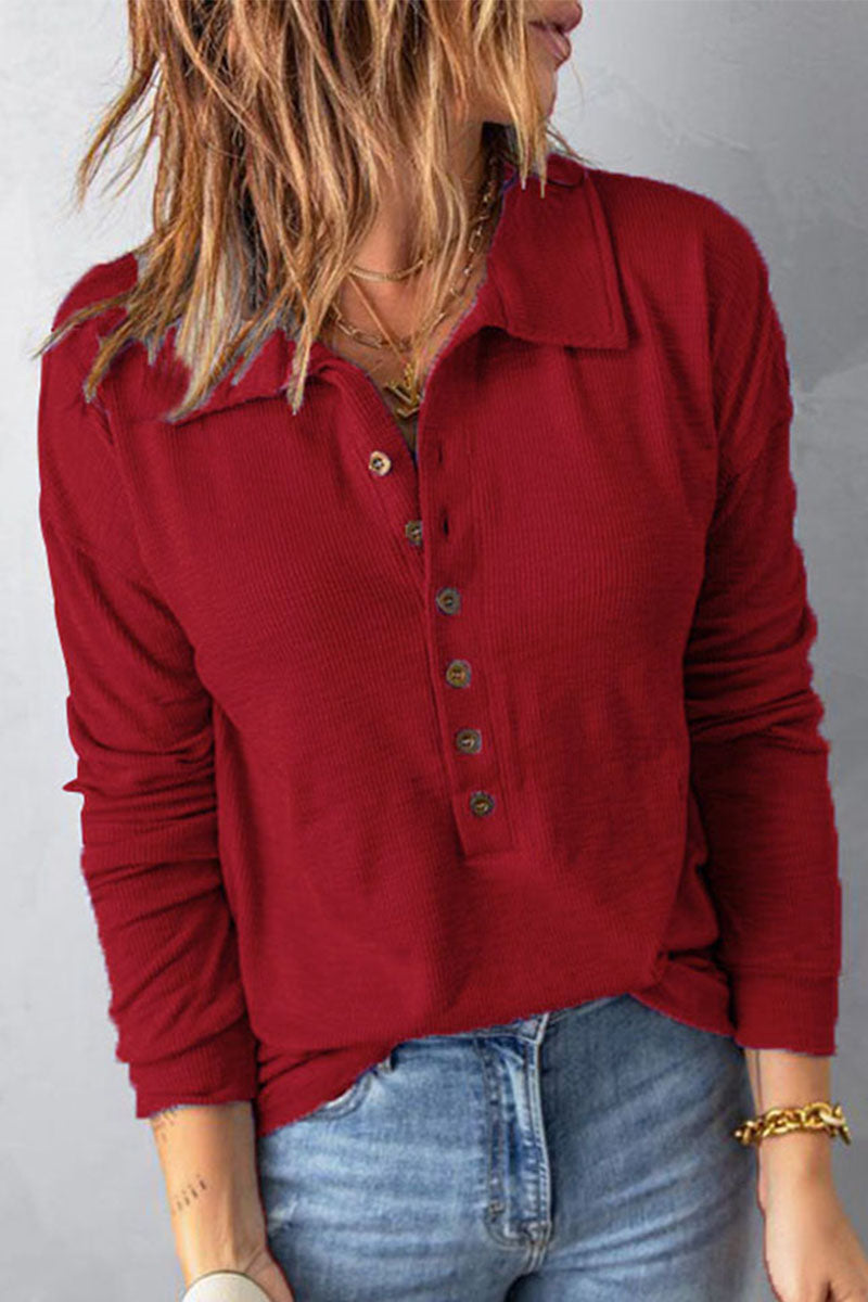 WOMEN HENLEY NECK COLLARED CASUAL LONG SLEEVE TOP