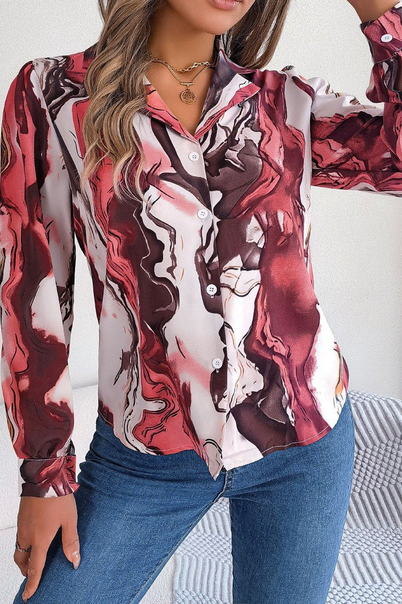 WOMEN MARBLE PATTERNED BUTTON DOWN OFFICE BLOUSE