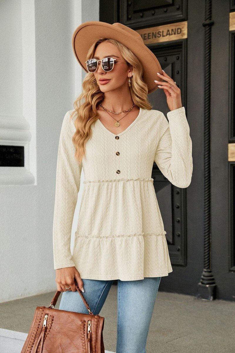 WOMEN BUTTONED NECK SHIRRED LONG SLEEVE TUNIC TOP