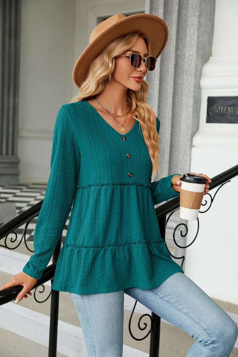 WOMEN BUTTONED NECK SHIRRED LONG SLEEVE TUNIC TOP