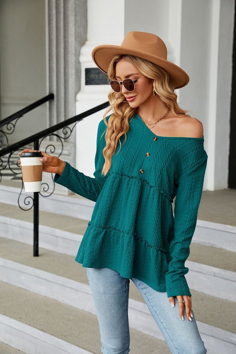 WOMEN BUTTONED NECK SHIRRED LONG SLEEVE TUNIC TOP