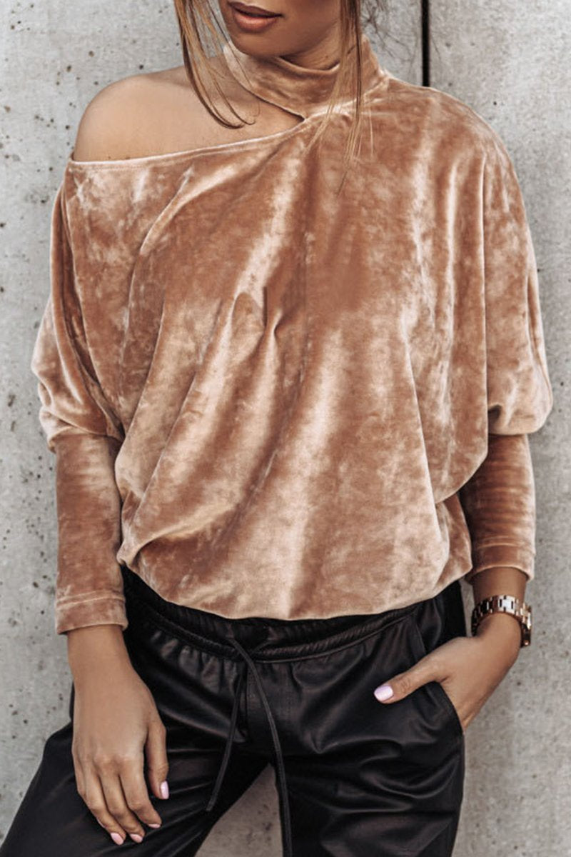 WOMEN HIGH NECK VELVET ONE OFF SHOULDER SWEATER