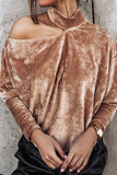 WOMEN HIGH NECK VELVET ONE OFF SHOULDER SWEATER