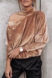 WOMEN HIGH NECK VELVET ONE OFF SHOULDER SWEATER