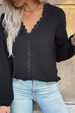 WOMEN LACE TRIM V NECK SWISS DOT DANDY BLOUSE