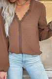 WOMEN LACE TRIM V NECK SWISS DOT DANDY BLOUSE