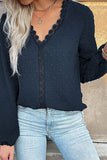 WOMEN LACE TRIM V NECK SWISS DOT DANDY BLOUSE