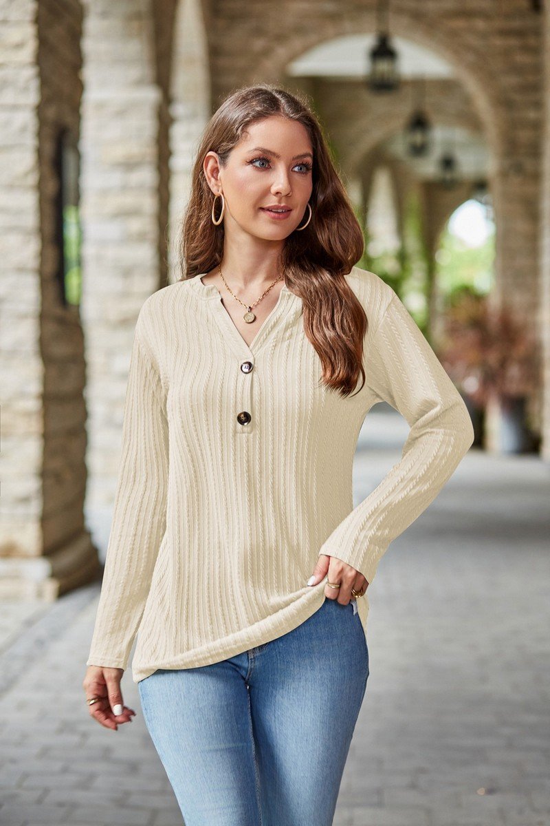 WOMEN TWISTED CABLE STITCHED HENLEY NECK BLOUSE