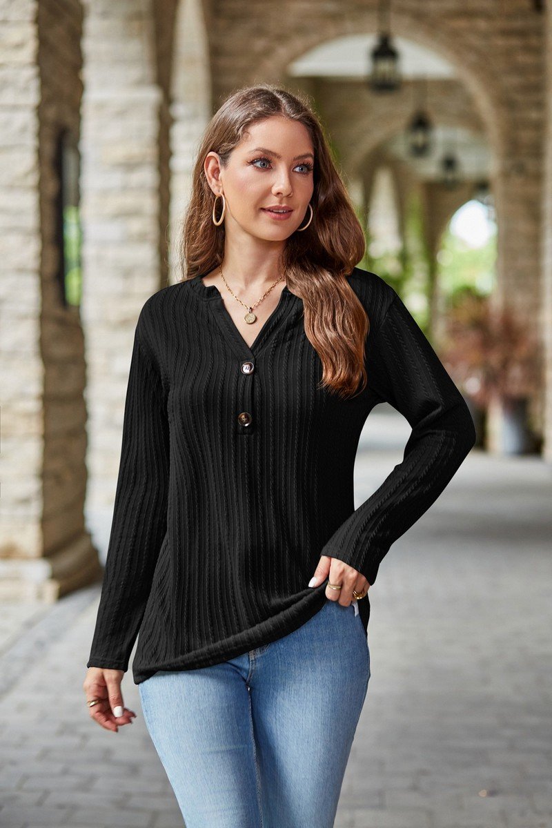 WOMEN TWISTED CABLE STITCHED HENLEY NECK BLOUSE