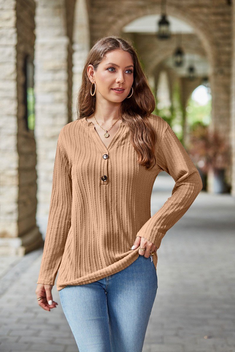 WOMEN TWISTED CABLE STITCHED HENLEY NECK BLOUSE