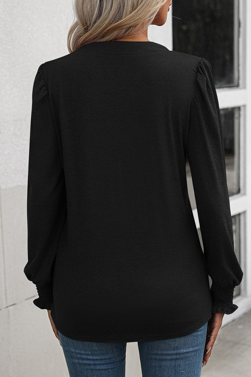 WOMEN SHIRRED SMOKING CUFF LONG SLEEVE BLOUSE