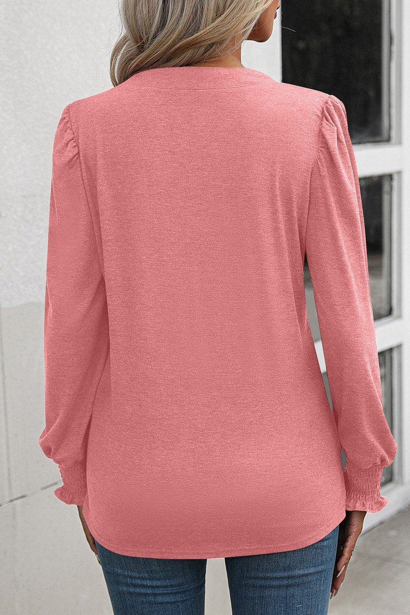 WOMEN SHIRRED SMOKING CUFF LONG SLEEVE BLOUSE