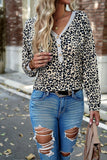 WOMEN V HENLEY NECK LEOPARD ANIMAL PRINT T SHIRT