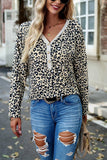 WOMEN V HENLEY NECK LEOPARD ANIMAL PRINT T SHIRT