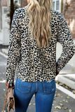 WOMEN V HENLEY NECK LEOPARD ANIMAL PRINT T SHIRT