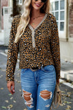 WOMEN V HENLEY NECK LEOPARD ANIMAL PRINT T SHIRT