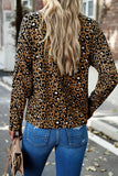 WOMEN V HENLEY NECK LEOPARD ANIMAL PRINT T SHIRT