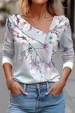 WOMEN V NECK BUTTON UP FLORAL LONG SLEEVE TOP