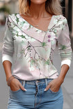 WOMEN V NECK BUTTON UP FLORAL LONG SLEEVE TOP