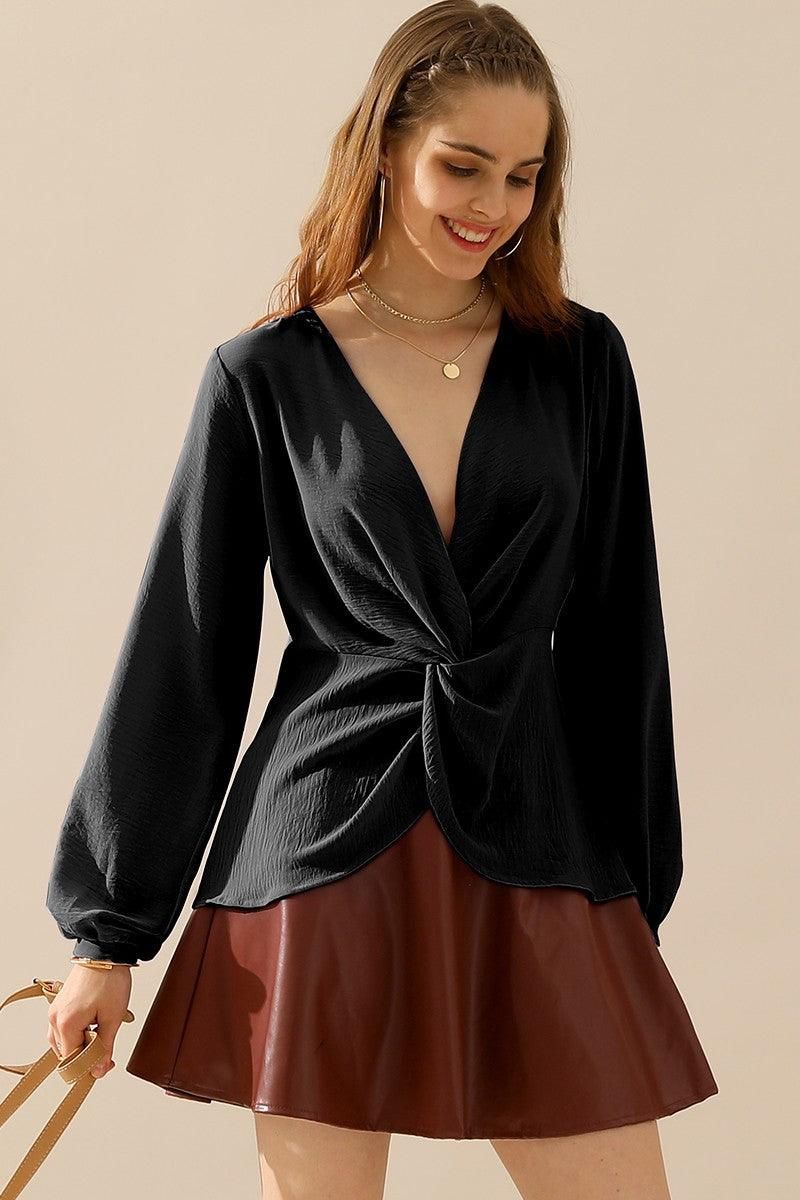 V NECK LONG SLEEVE Z TWIST RUFFLE BLOUSE TOP - Doublju