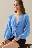 V NECK LONG SLEEVE Z TWIST RUFFLE BLOUSE TOP - Doublju