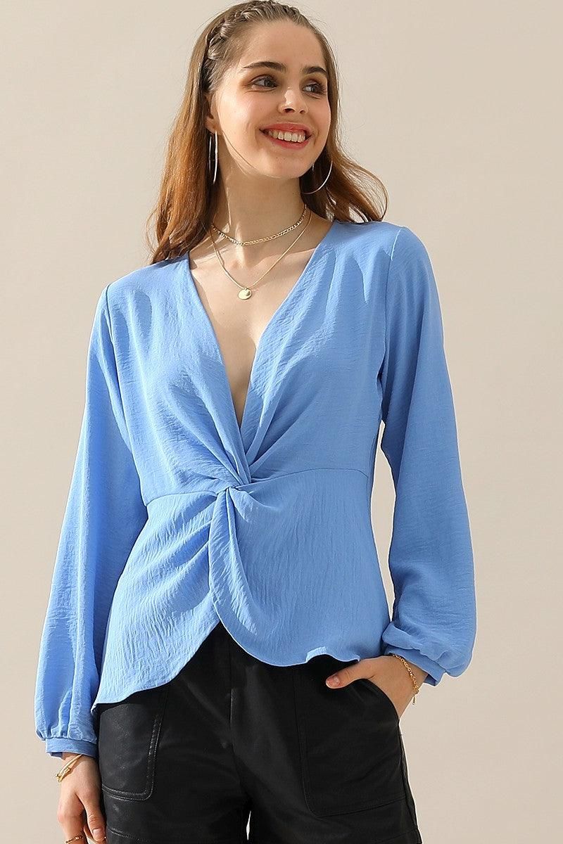 V NECK LONG SLEEVE Z TWIST RUFFLE BLOUSE TOP - Doublju