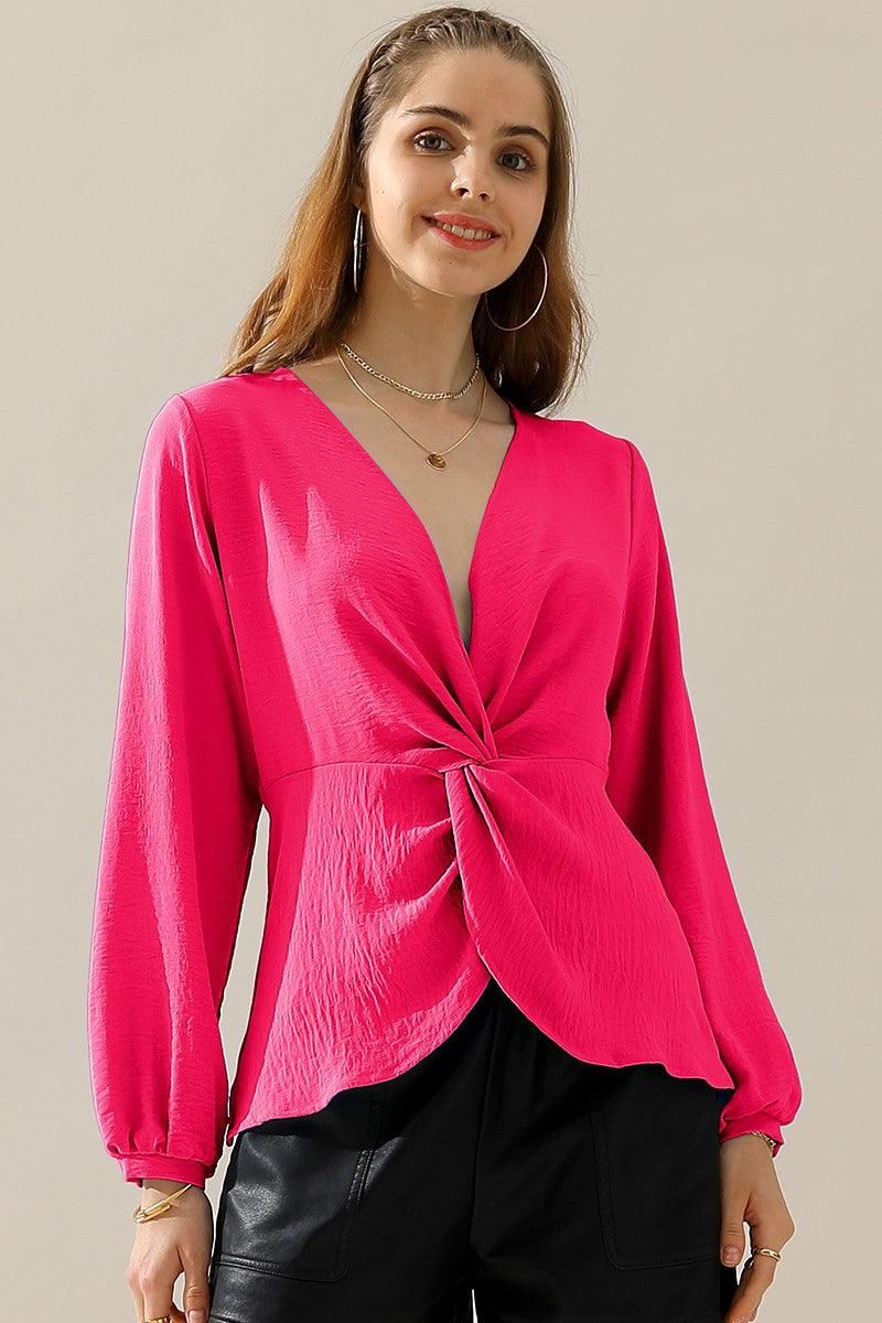 V NECK LONG SLEEVE Z TWIST RUFFLE BLOUSE TOP - Doublju