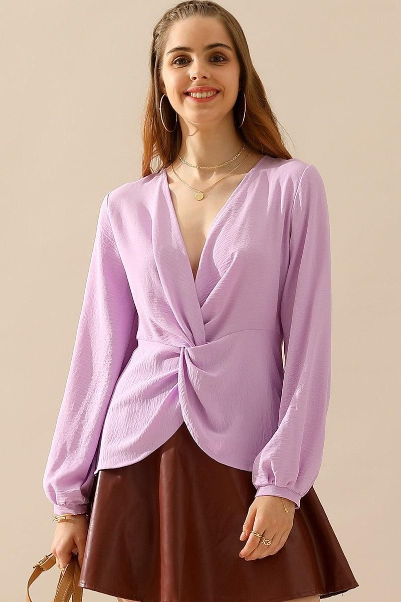 V NECK LONG SLEEVE Z TWIST RUFFLE BLOUSE TOP - Doublju