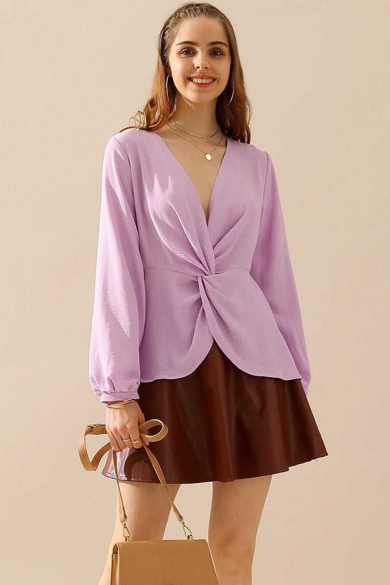 V NECK LONG SLEEVE Z TWIST RUFFLE BLOUSE TOP - Doublju