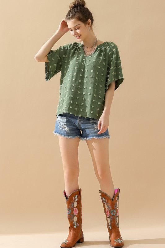 V NECK DOT DETAILED SHORT SLEEVE TOP - Doublju