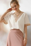 GOLD LACE POINT V NECK CHIFFON BLOUSE - Doublju