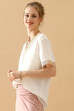 GOLD LACE POINT V NECK CHIFFON BLOUSE - Doublju