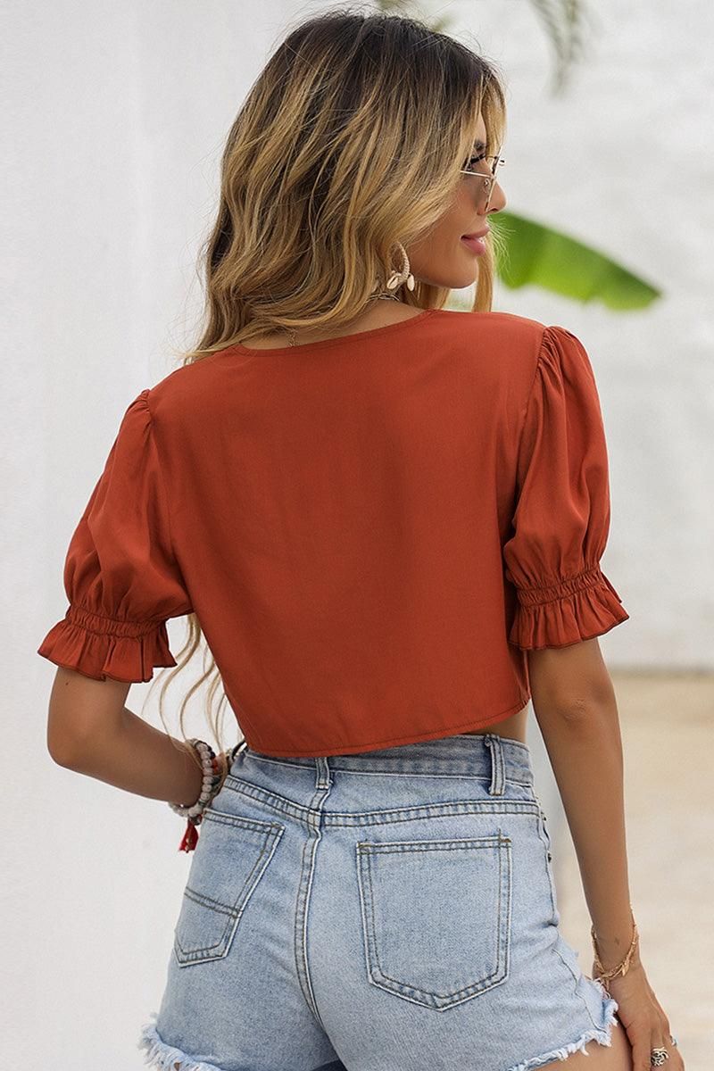 PUFF SLEEVES SEXY LACE-UP CROP TOP - Doublju
