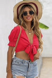 PUFF SLEEVES SEXY LACE-UP CROP TOP - Doublju